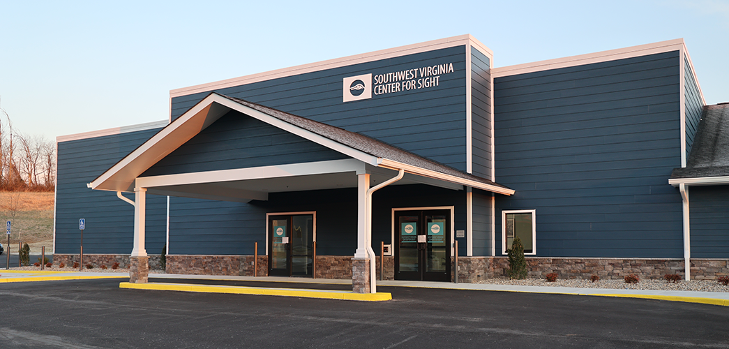 an outside view of the blue Southwest Virginia Center For Sight office in Wytheville, Virginia. 